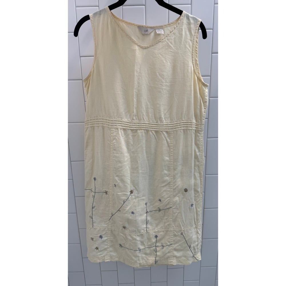 J. Jill Yellow 100% Linen Floral Embroidered Sleeveless V-Neck Shift Dress 6